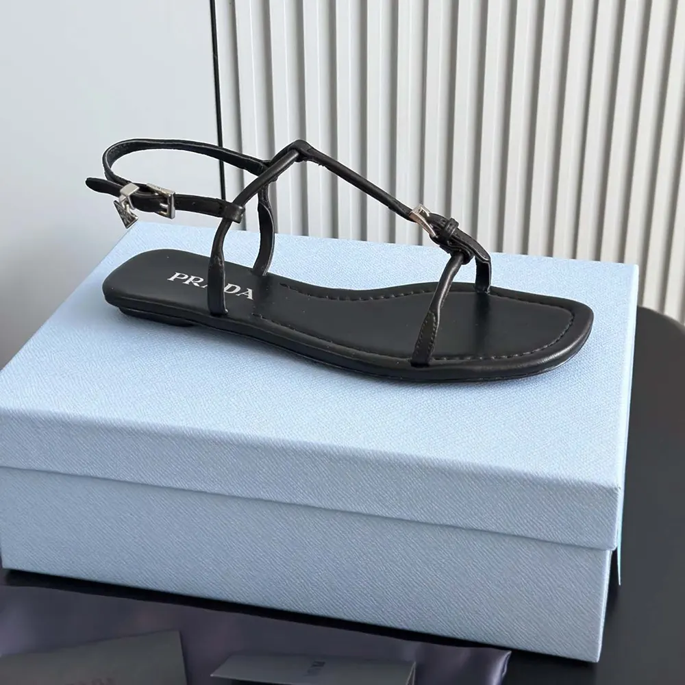Prada Women Flat Leather Sandals-Black - image 9