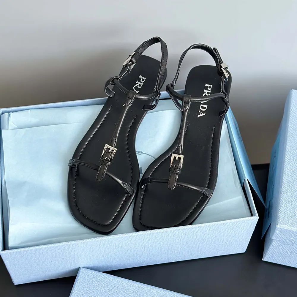 Prada Women Flat Leather Sandals-Black - image 7
