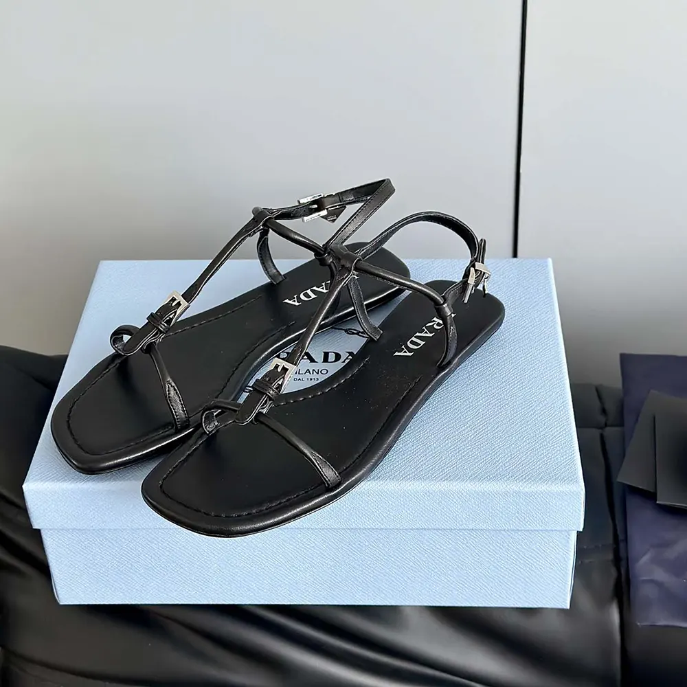 Prada Women Flat Leather Sandals-Black - image 8