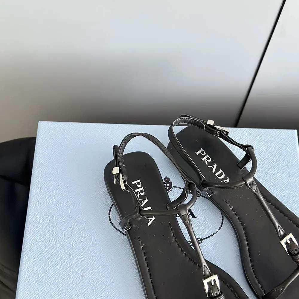 Prada Women Flat Leather Sandals-Black - image 10