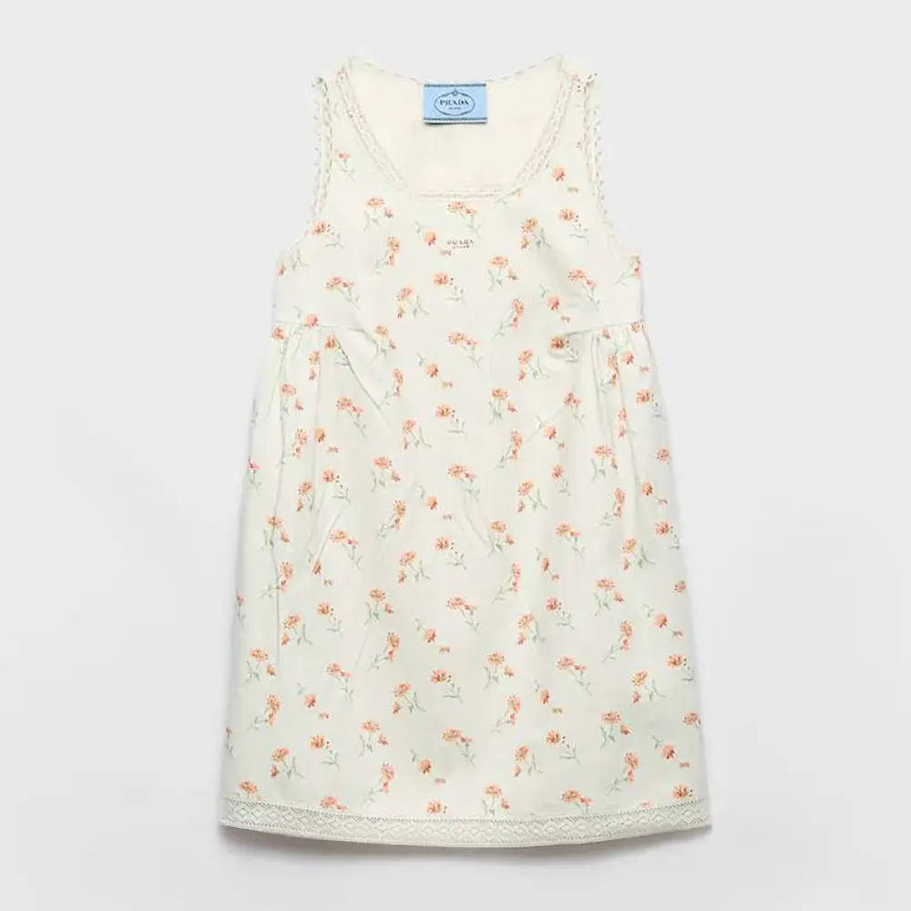 Front view of Prada Women Floral Print Linen Mini-dress in white