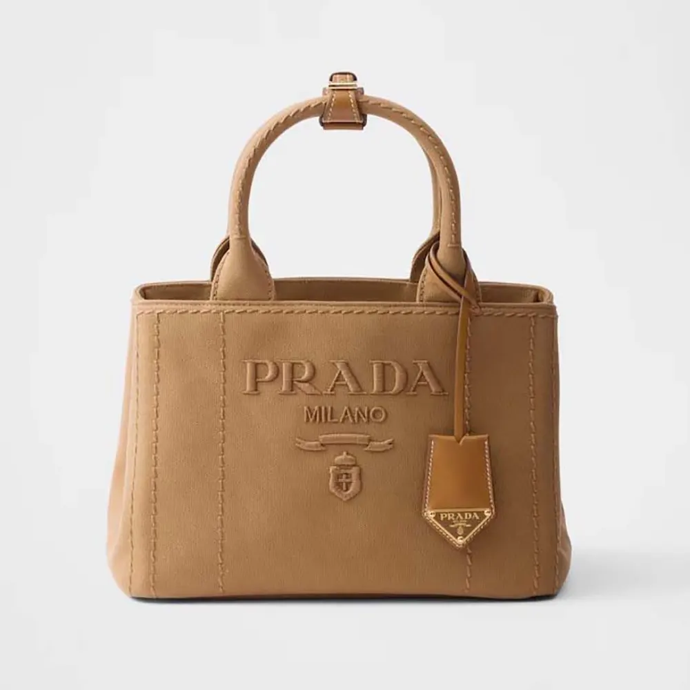 Front angle of Prada Women Jardinière Small Cotton Canvas Handbag-Brown