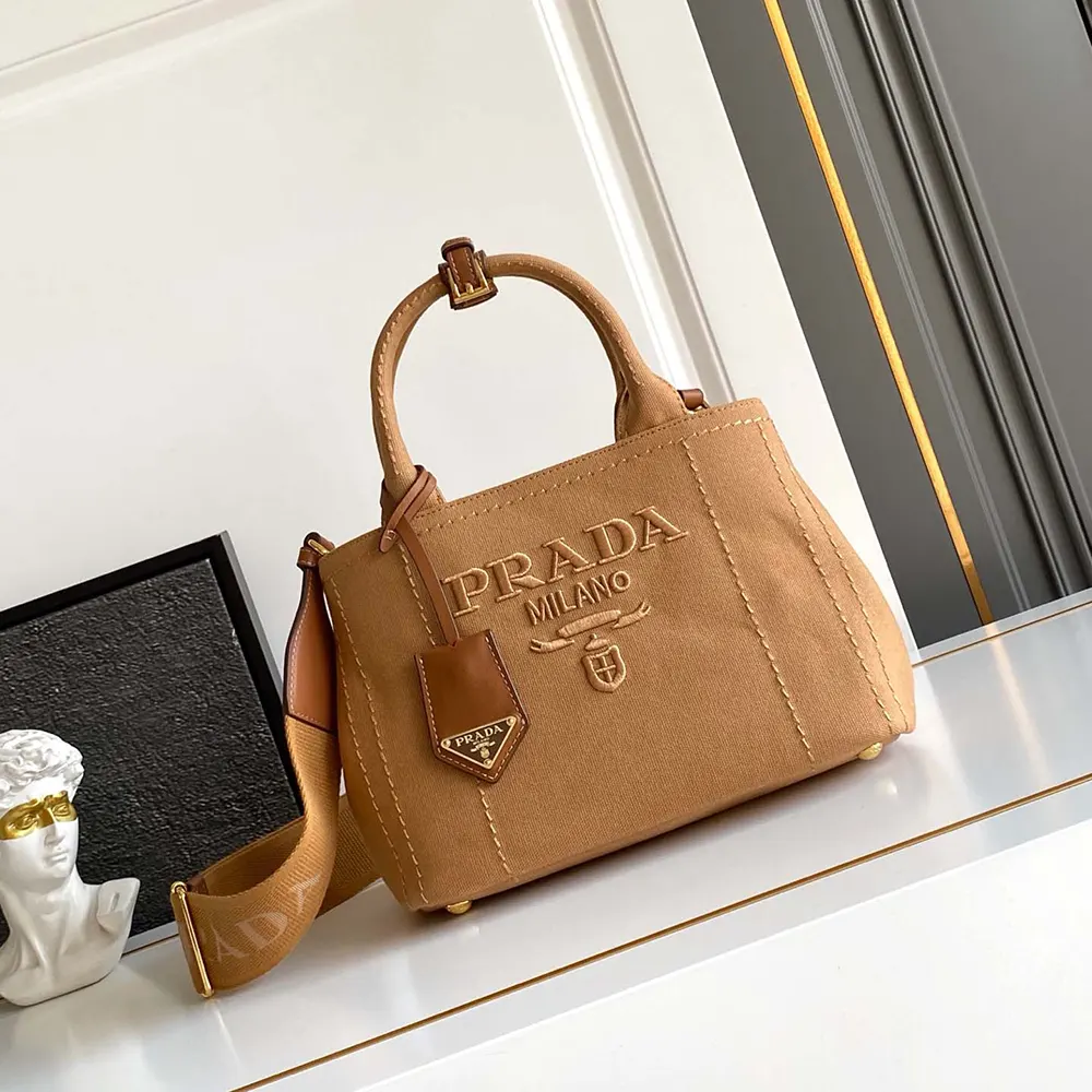 Close-up of gold-tone hardware on Prada Women Jardinière Small Cotton Canvas Handbag-Brown