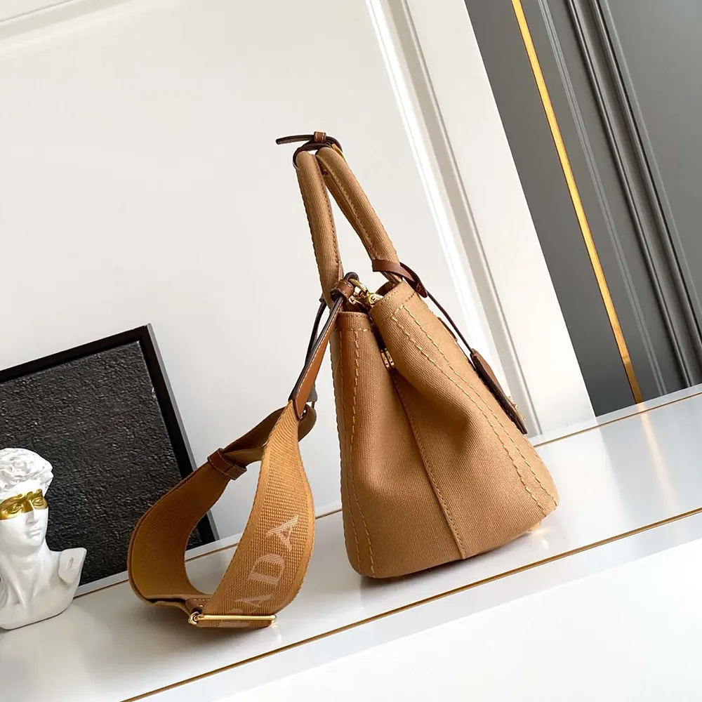 Prada Women Jardinière Small Cotton Canvas Handbag-Brown - image 4