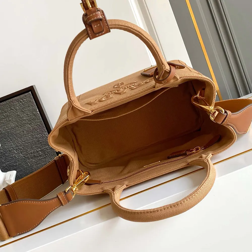 Prada Women Jardinière Small Cotton Canvas Handbag-Brown - image 6