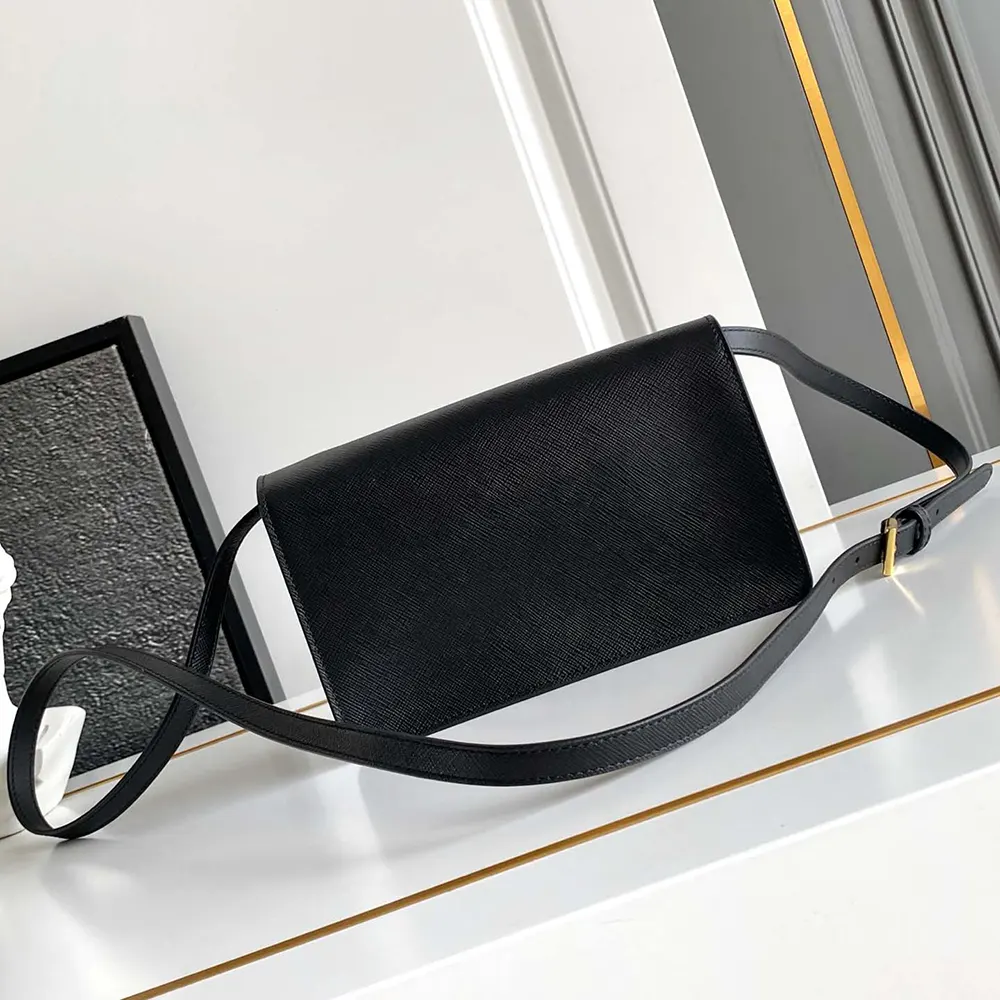 Side angle showing slim profile of Prada Women Saffiano Leather Mini-bag-Black