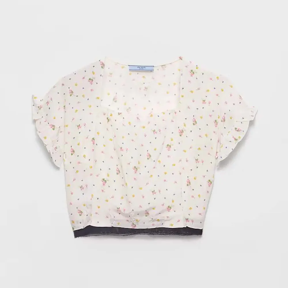 Front view of Prada Women Short-sleeved Floral Print Pongé Crop Top