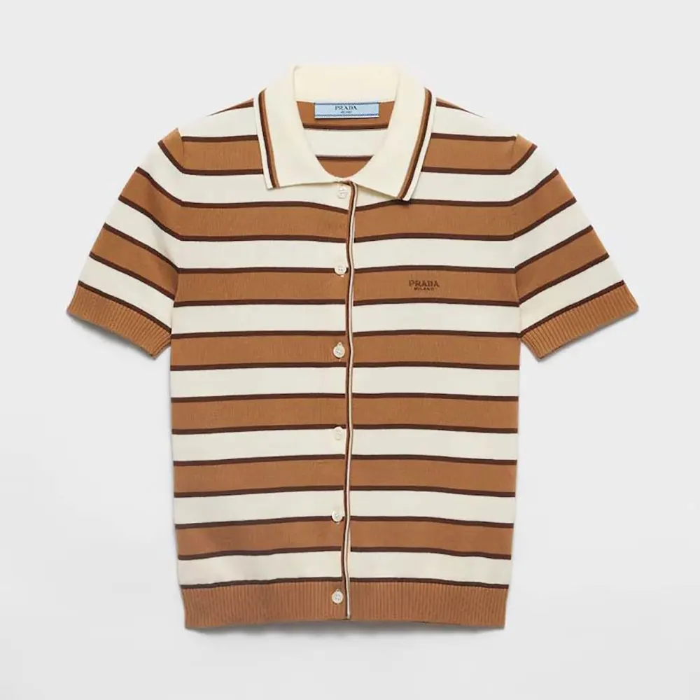 Front view of Prada Women Short-sleeved Striped Cotton Cardigan in brown