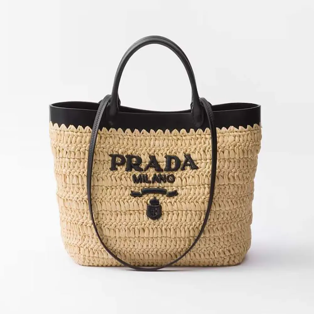 Front view of Prada Women Small Crochet and Leather Tote Bag in black
