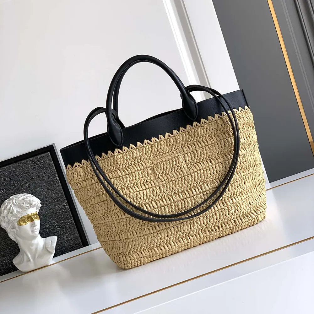 Side angle showing structure and leather trim of Prada crochet tote