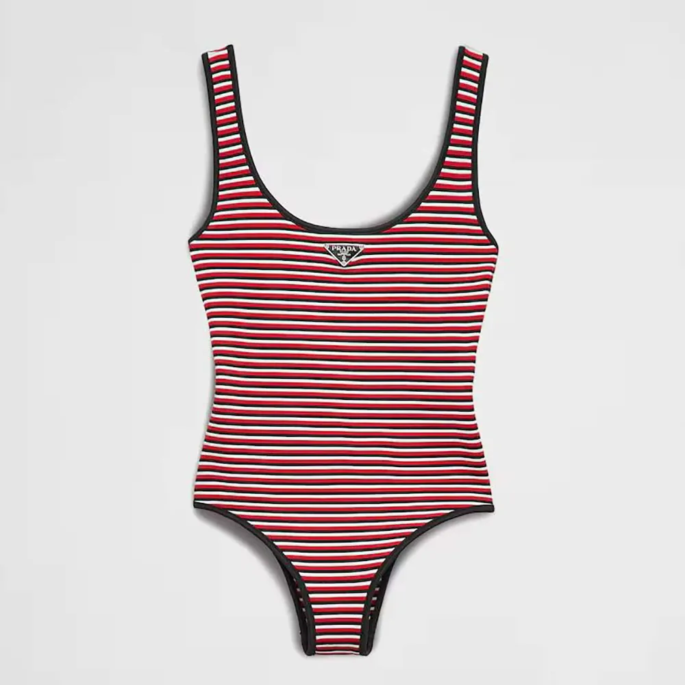 Front view of Prada Women Striped Interlock Jersey One-piece Swimsuit in red