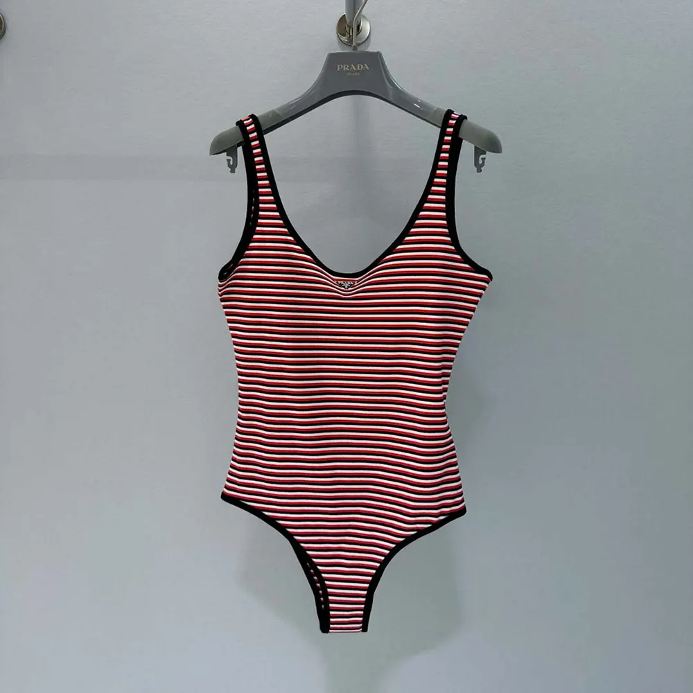 Side angle showing silhouette of Prada Women Striped Interlock Jersey One-piece Swimsuit