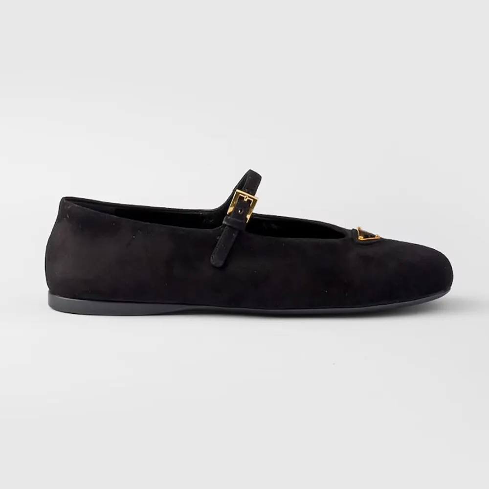Side angle of Prada Women Suede Ballerinas-Black showing silhouette