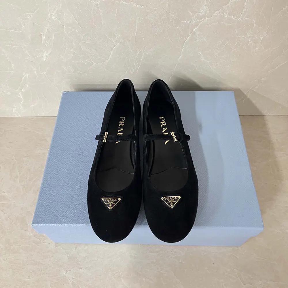 Close-up of black suede texture on Prada Women Suede Ballerinas-Black