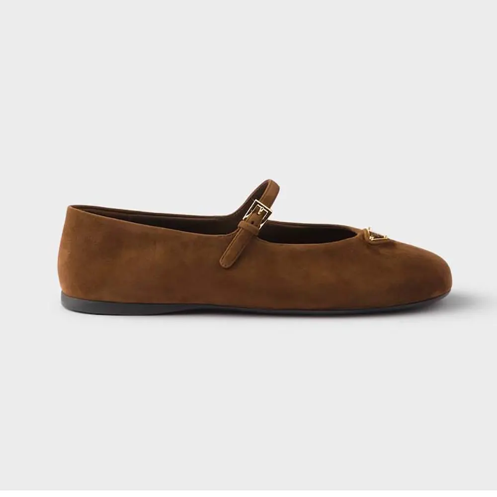 Side angle of Prada Women Suede Ballerinas-Brown showcasing suede texture