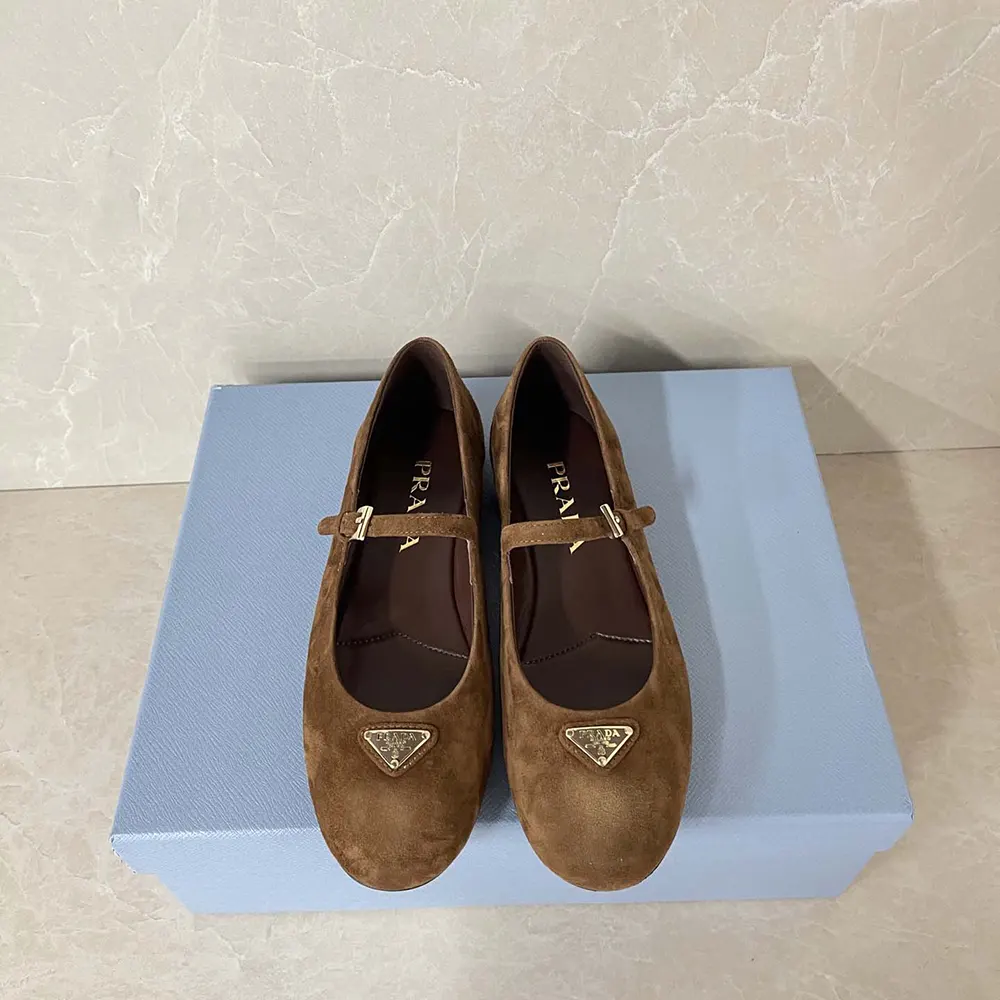 Top view of Prada Women Suede Ballerinas-Brown displaying classic ballerina shape
