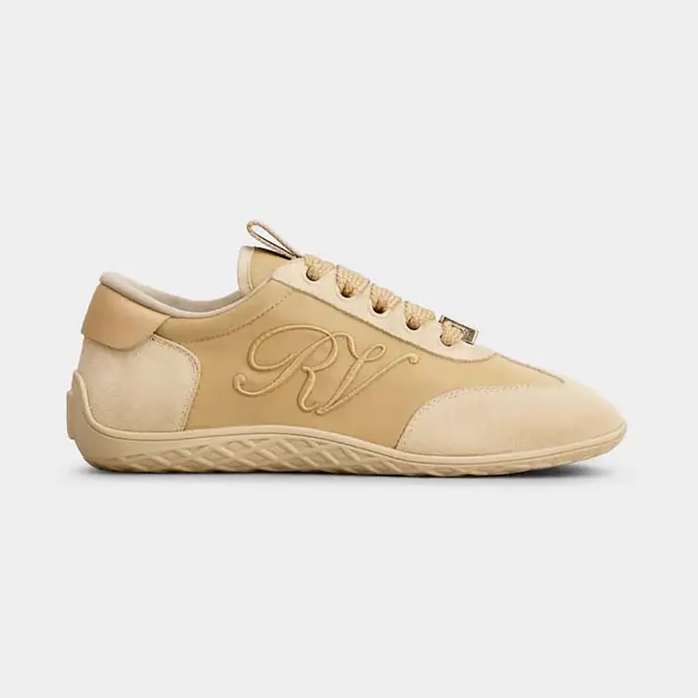 Side view of Roger Vivier Women Viv Low Sneakers in Suede-Beige