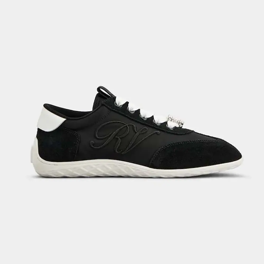 Side angle of Roger Vivier Women Viv Low Sneakers in Suede-Black