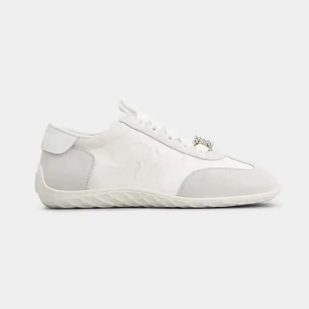 Side angle of Roger Vivier Women Viv Low Sneakers in Suede-White