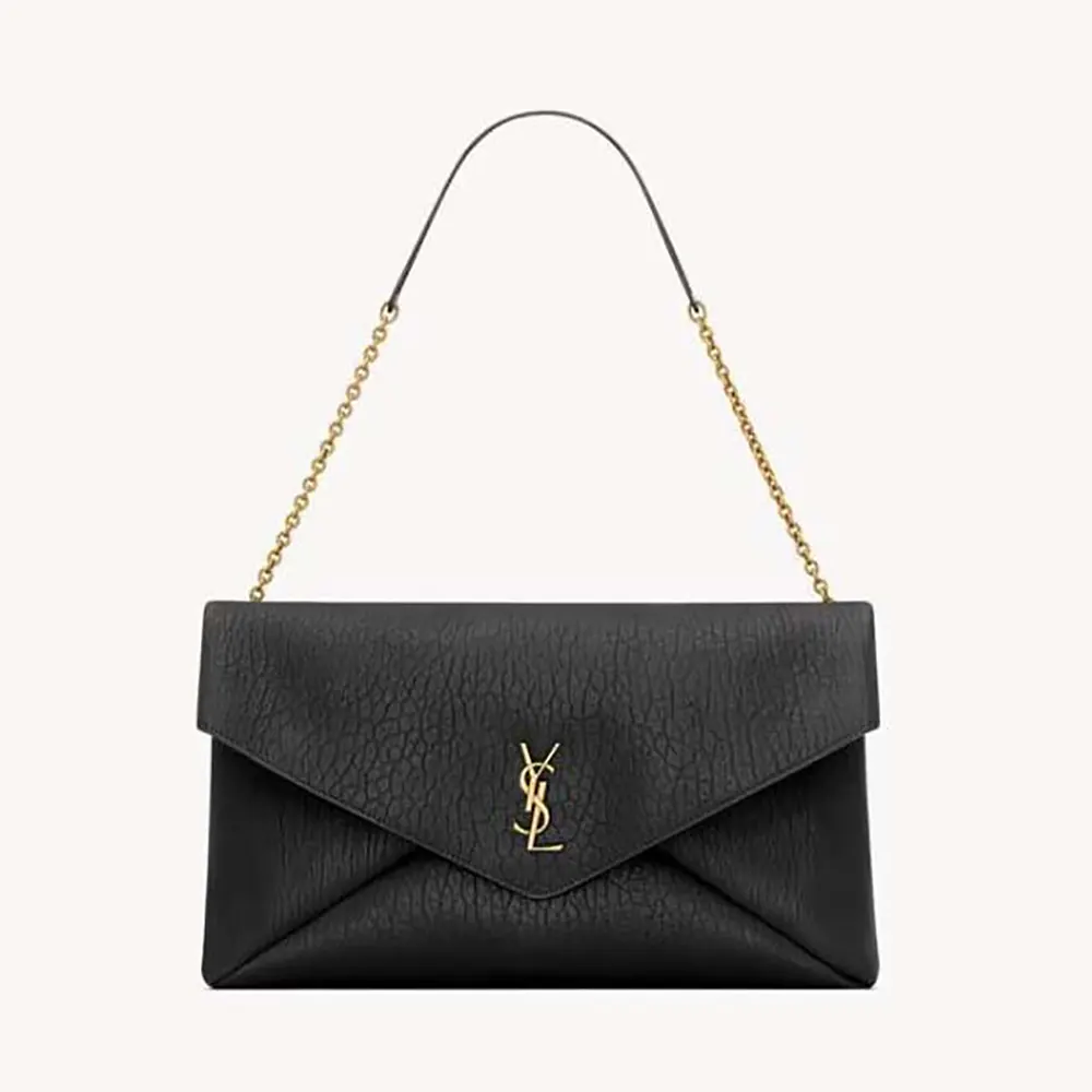 Front view of Saint Laurent YSL Women Cassandre XXL Envelope Pouch in black lambskin