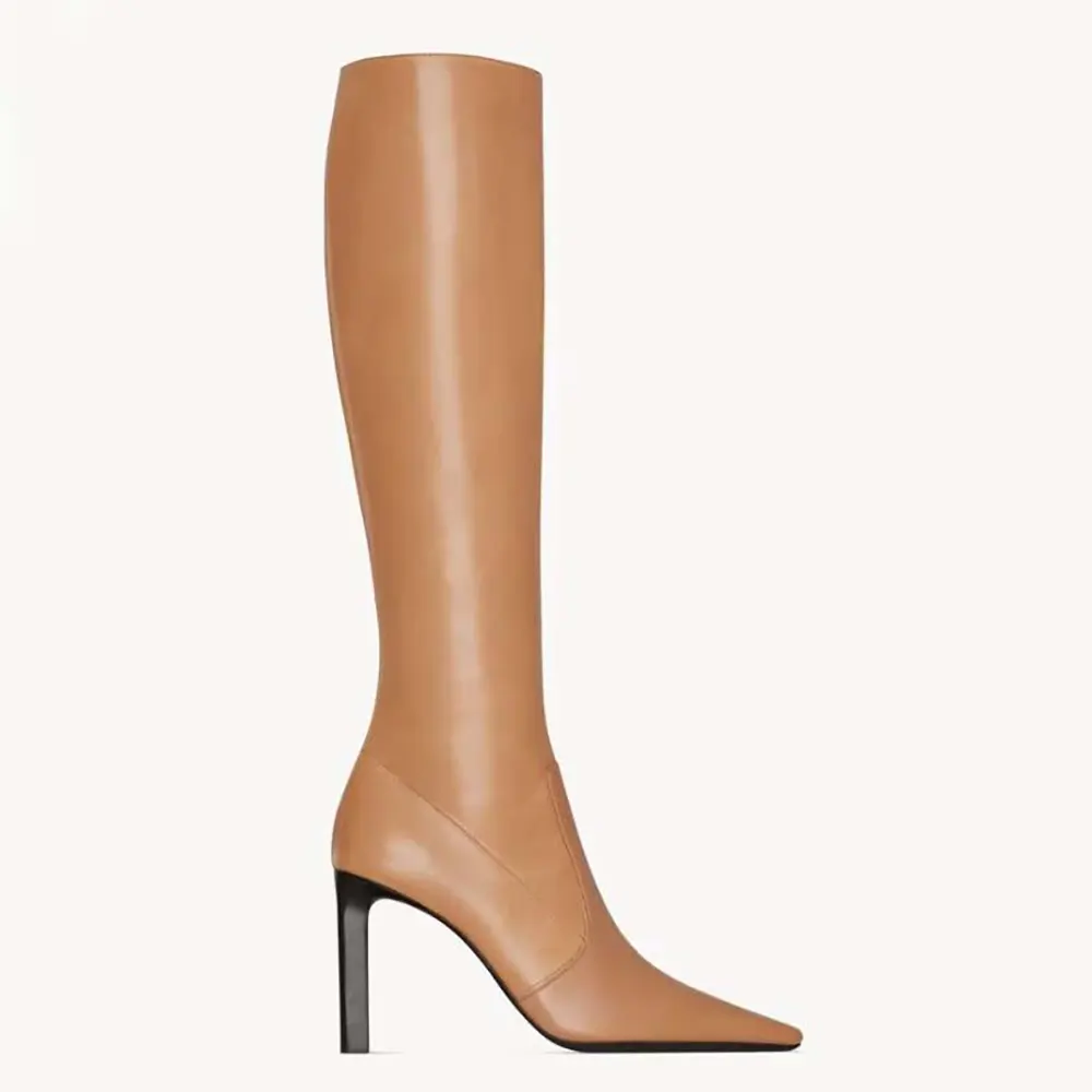 Side profile of Saint Laurent YSL Women Francoise Boots In Smooth Leather-Brown