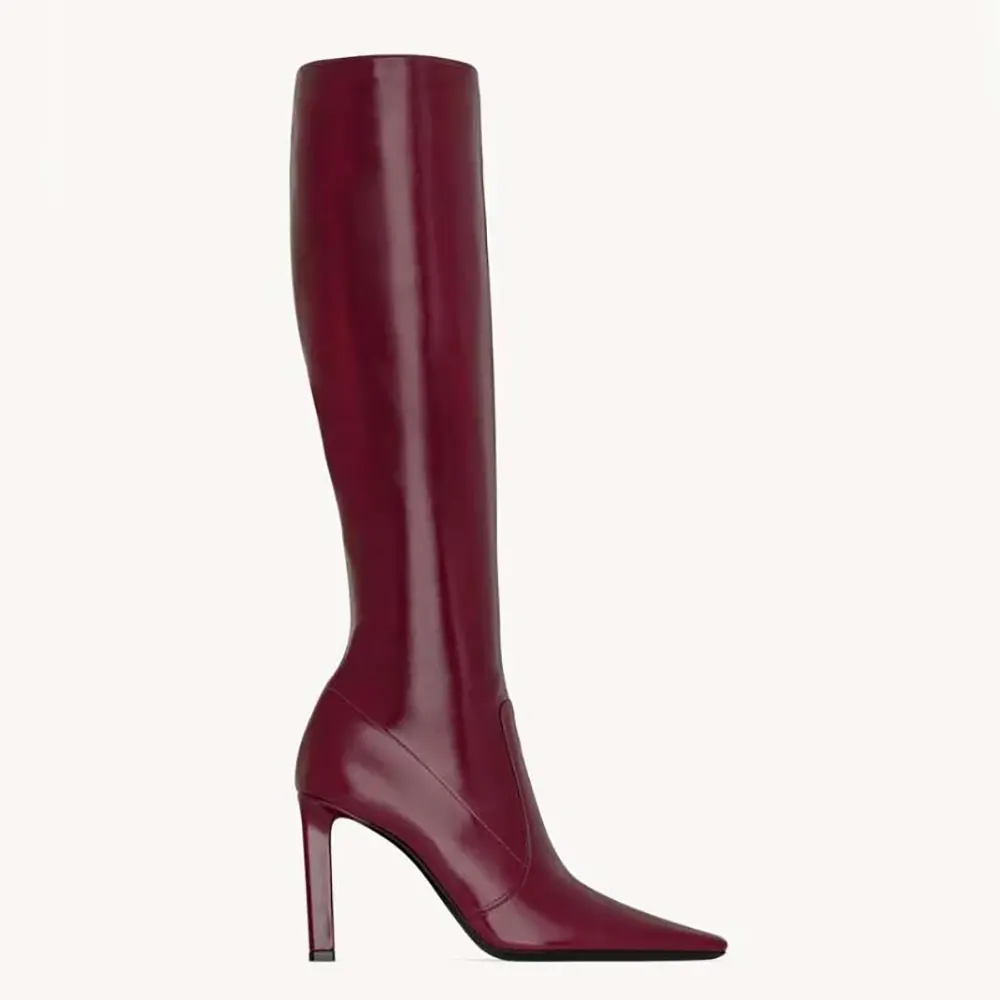 Side view of Saint Laurent YSL Women Francoise Boots in maroon leather
