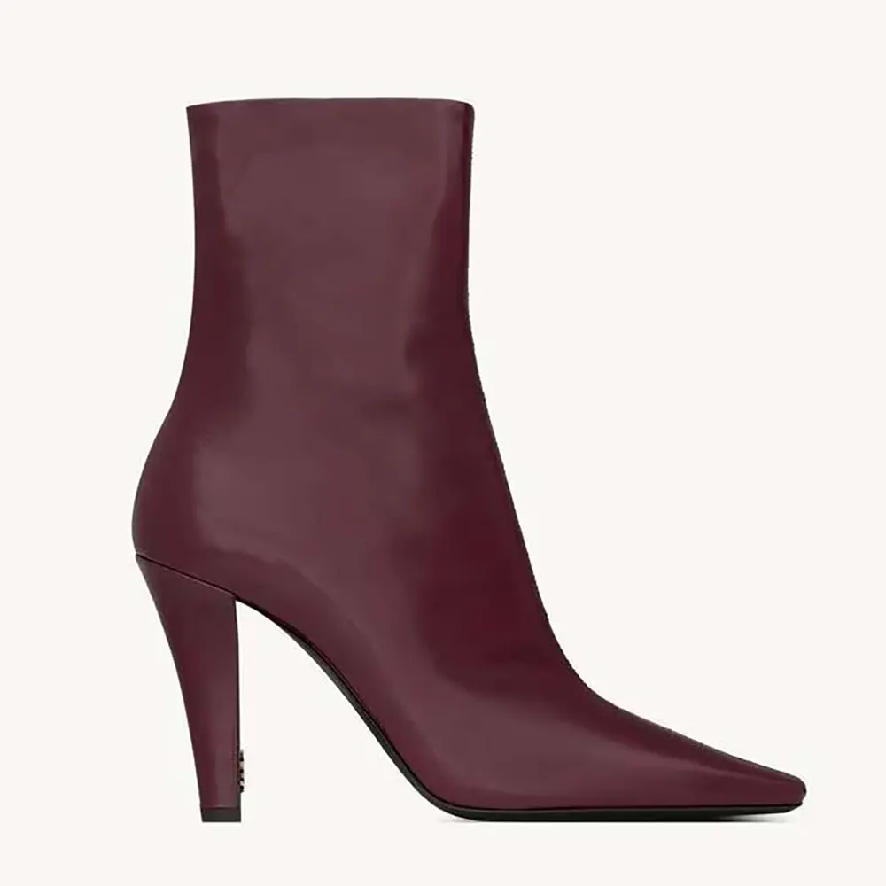 Side profile of Saint Laurent YSL Women Jill Booties In Smooth Leather-Maroon