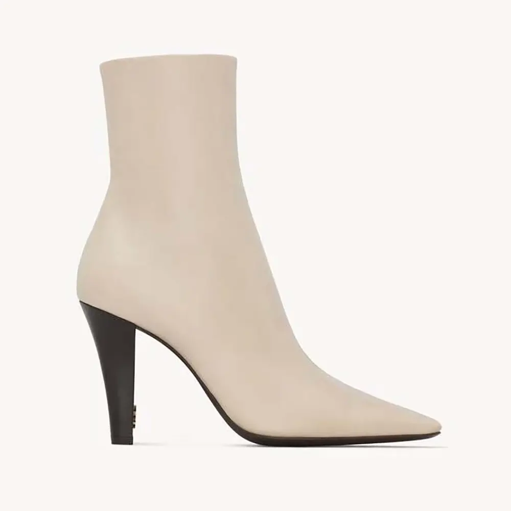 Side profile of Saint Laurent YSL Women Jill Booties In Smooth Leather-White