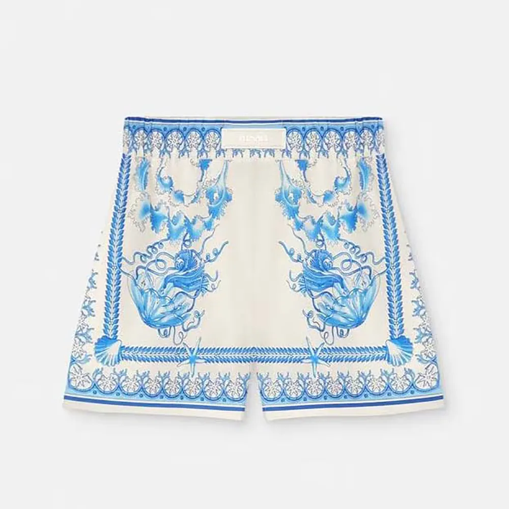 Front view of Versace Women Underwater Barocco Cotton Shorts-Blue showing elastic waistband