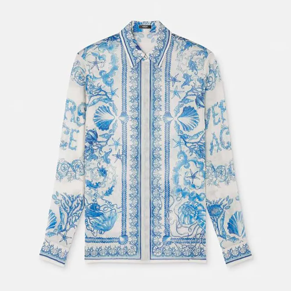 Front view of Versace Women Underwater Barocco Crêpe Fitted Shirt in blue