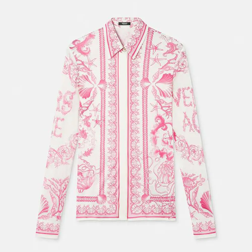 Front view of Versace Women Underwater Barocco Fitted Shirt in pink