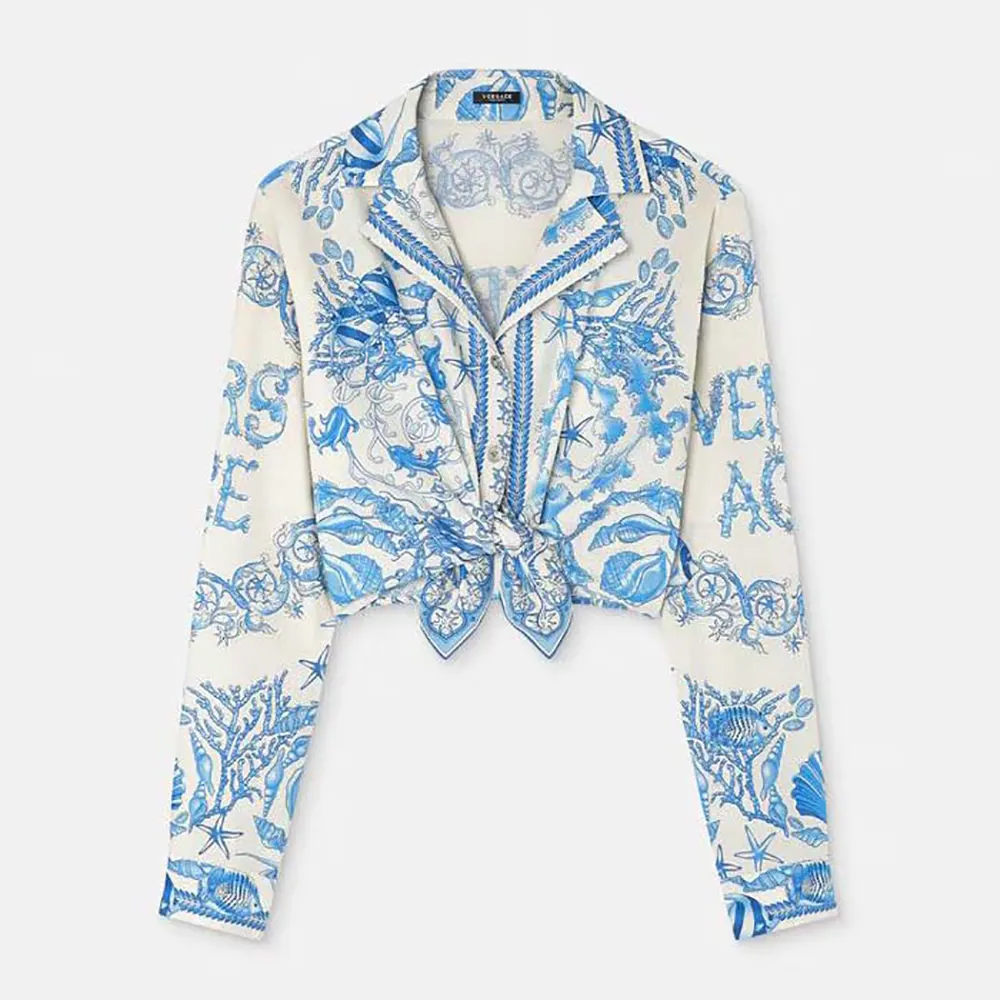 Front view of Versace Women Underwater Barocco Knotted Crop Cotton Shirt in blue
