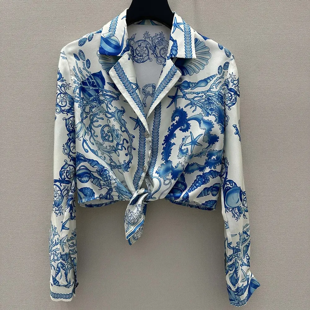 Close-up of knotted detail on Versace Women Underwater Barocco Crop Shirt
