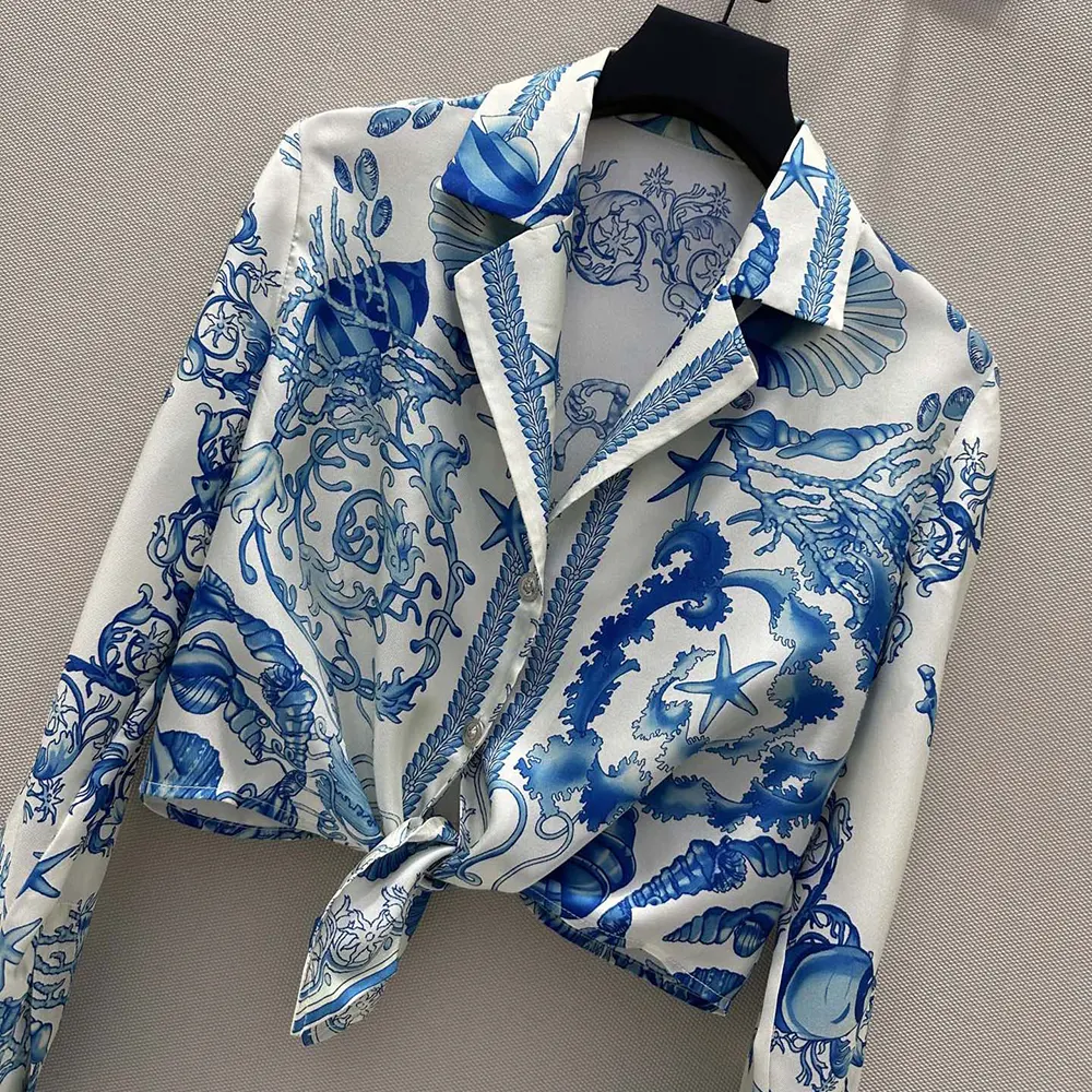 Versace Women Underwater Barocco Knotted Crop Cotton Shirt - image 4