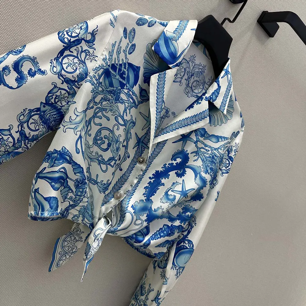 Versace Women Underwater Barocco Knotted Crop Cotton Shirt - image 6
