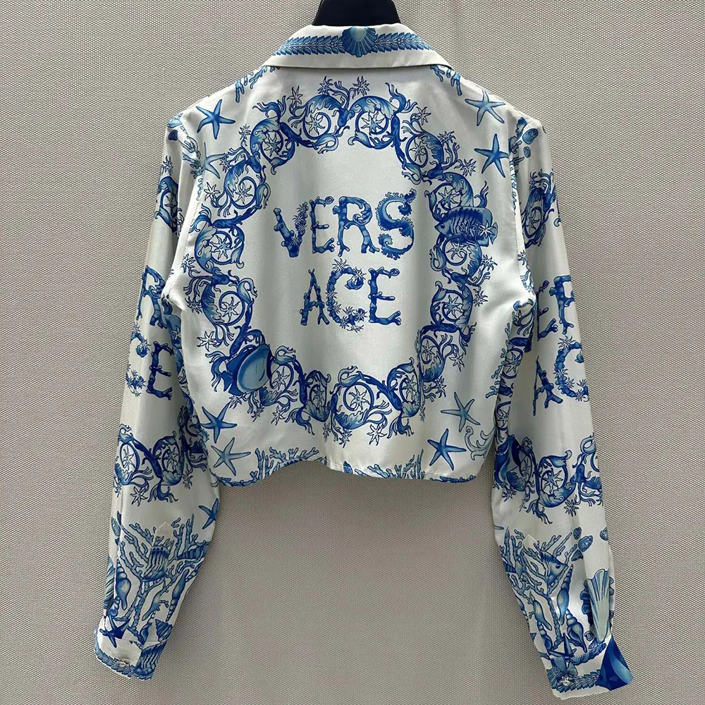 Side angle highlighting Barocco print on Versace Women Underwater Crop Cotton Shirt