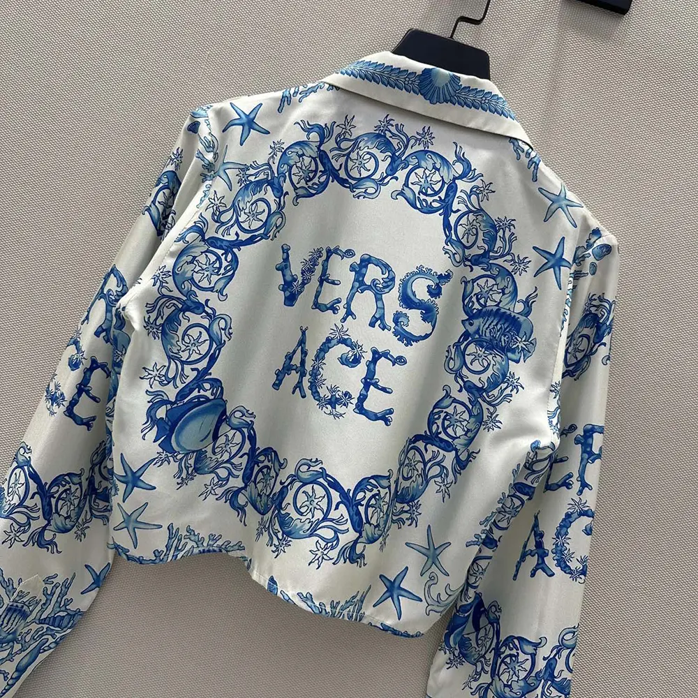 Versace Women Underwater Barocco Knotted Crop Cotton Shirt - image 5