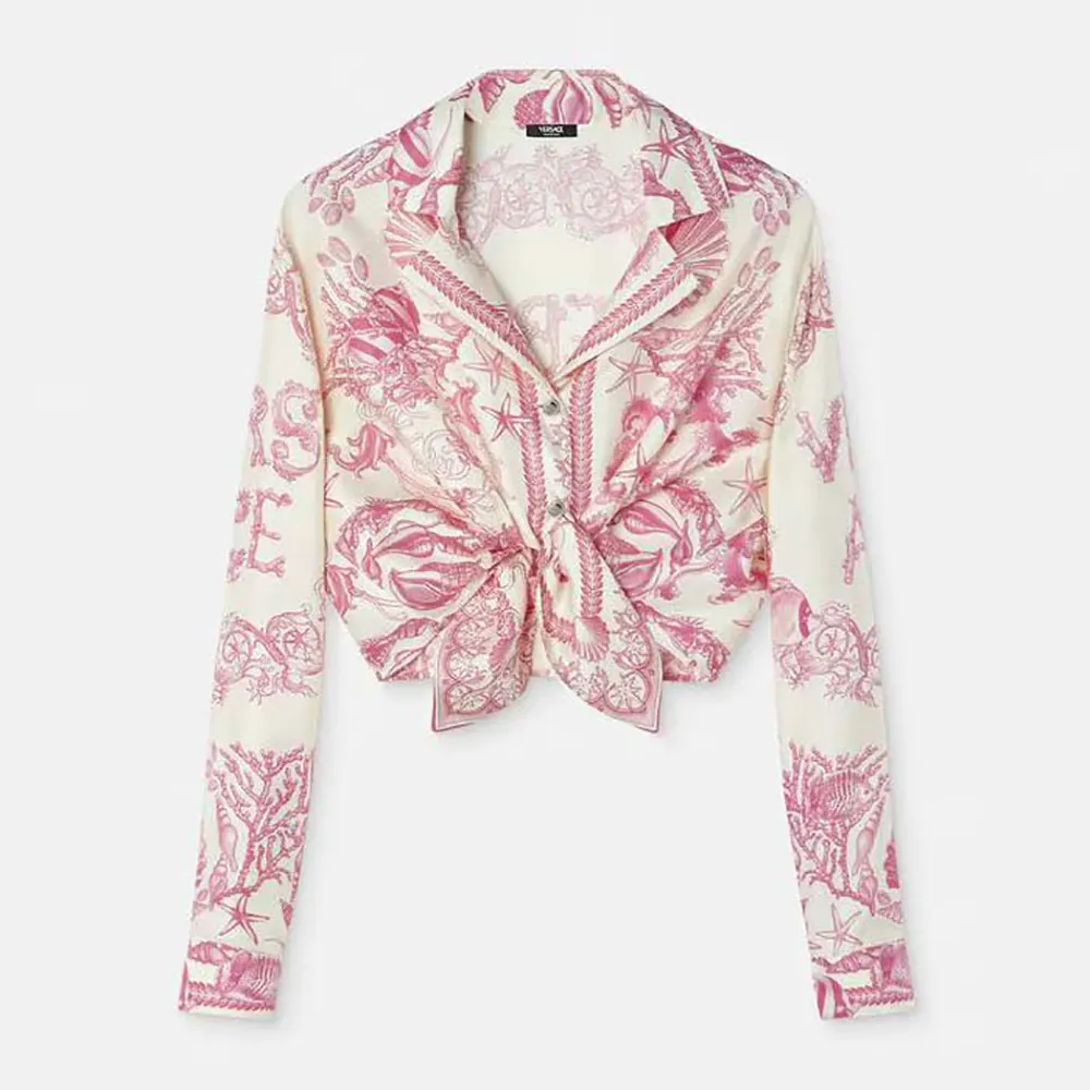Front view of Versace Women Underwater Barocco Knotted Crop Silk Shirt in pink