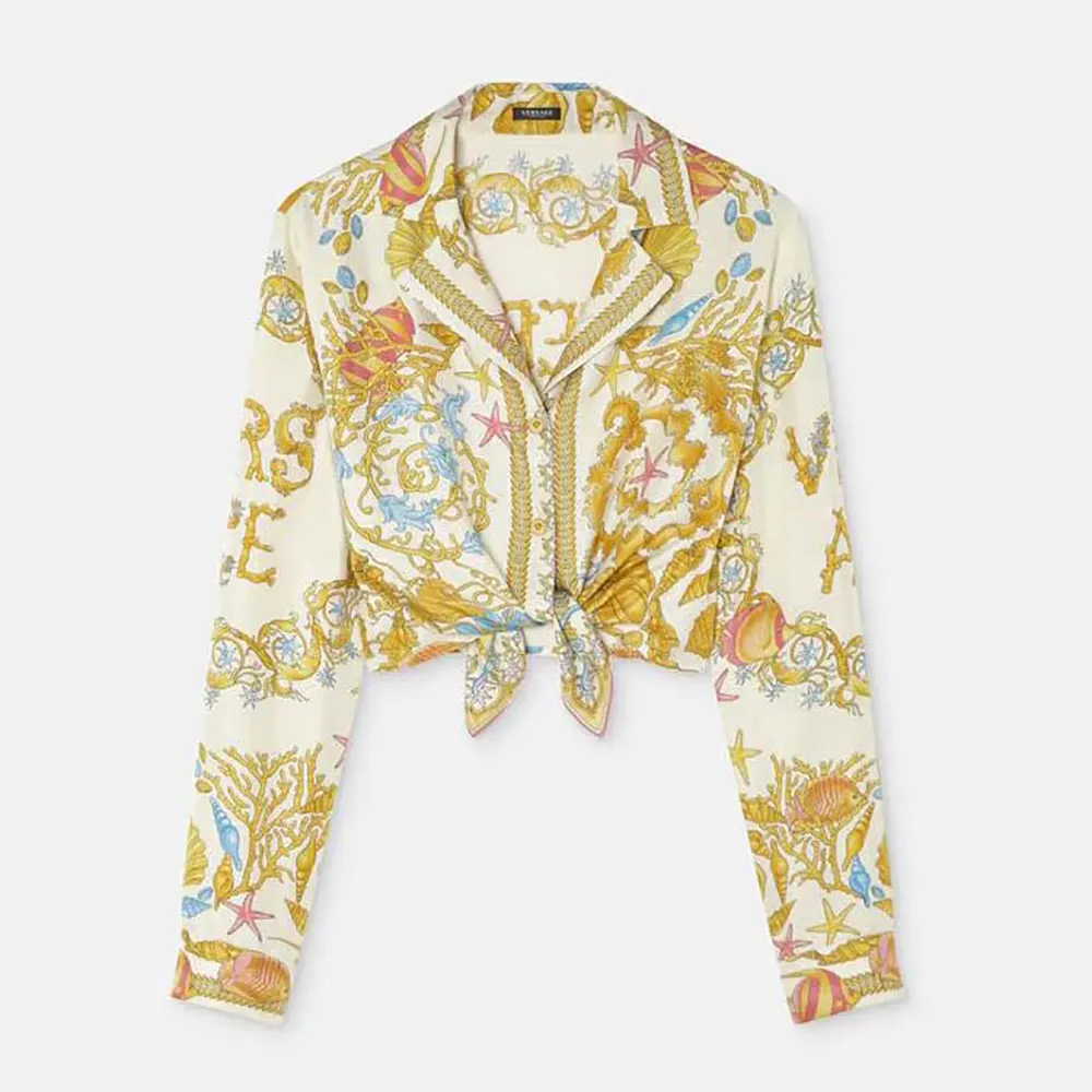 Front view of Versace Women Underwater Barocco Knotted Crop Silk Shirt-Yellow