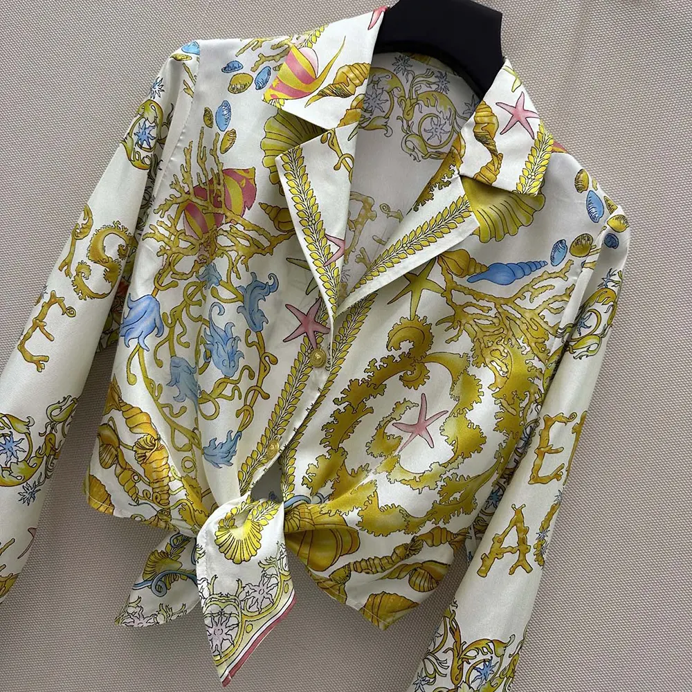 Versace Women Underwater Barocco Knotted Crop Silk Shirt-Yellow - image 4