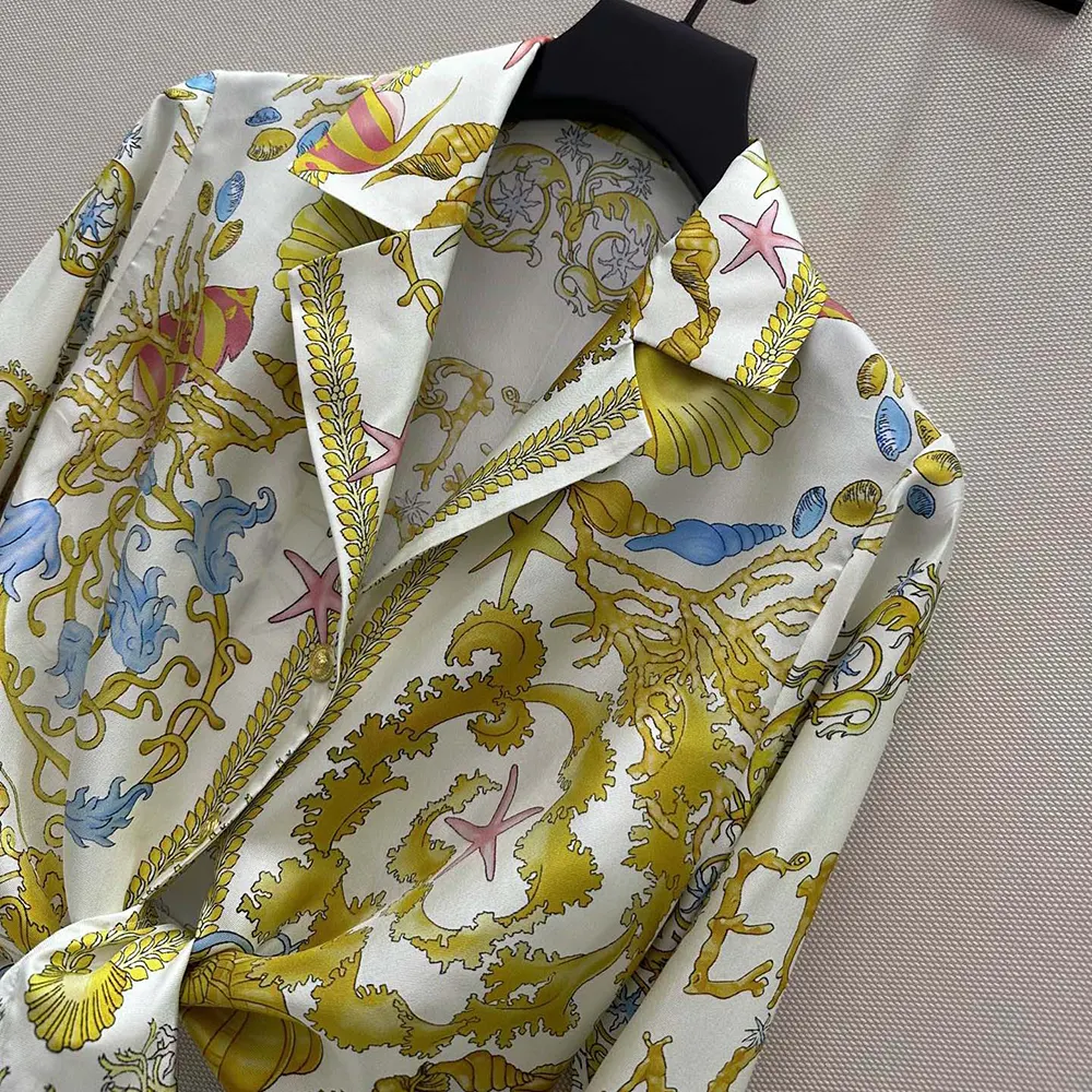 Versace Women Underwater Barocco Knotted Crop Silk Shirt-Yellow - image 6