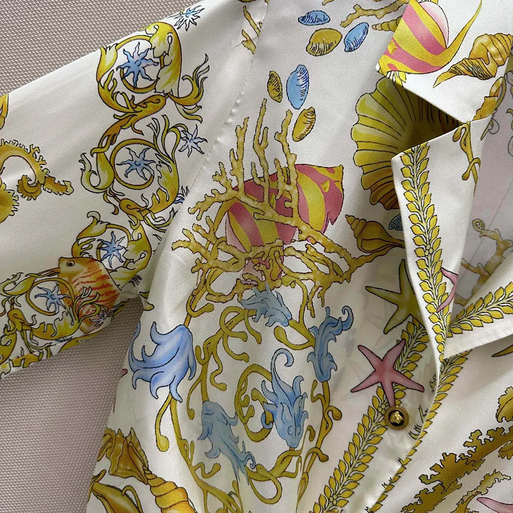 Versace Women Underwater Barocco Knotted Crop Silk Shirt-Yellow - image 9