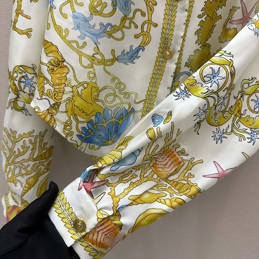 Versace Women Underwater Barocco Knotted Crop Silk Shirt-Yellow - image 7