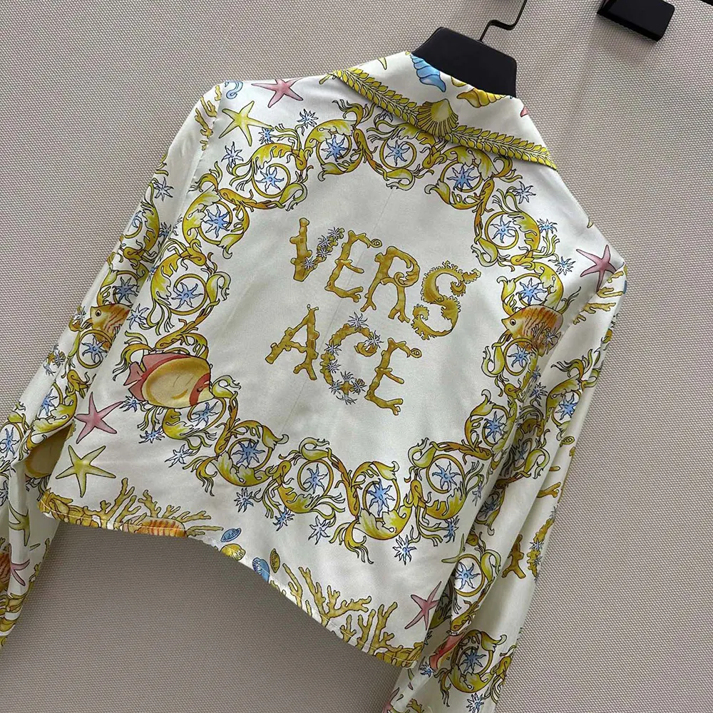 Versace Women Underwater Barocco Knotted Crop Silk Shirt-Yellow - image 5