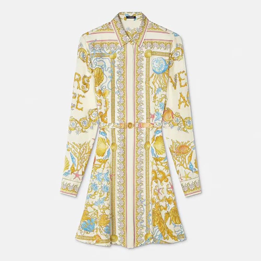 Front view of Versace Women Underwater Barocco Silk Midi Shirt Dress yellow