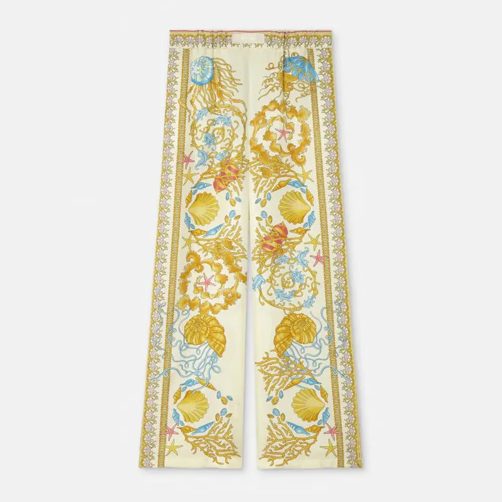 Front view of Versace Women Underwater Barocco Silk Pants-Yellow