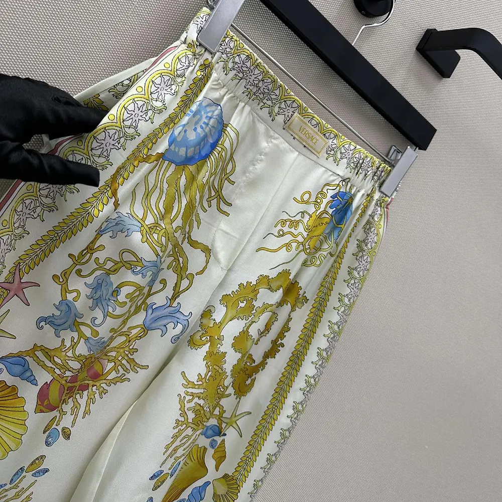 Versace Women Underwater Barocco Silk Pants-Yellow - image 9