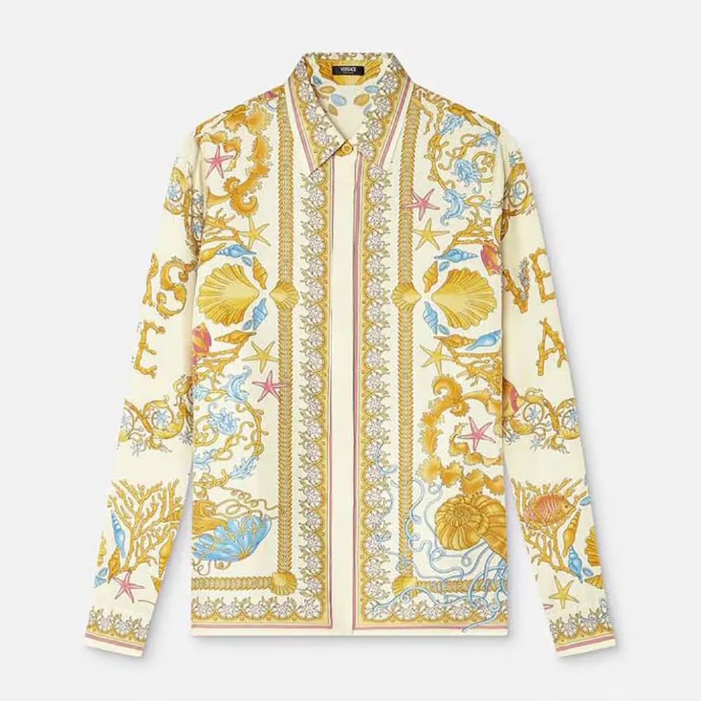 Front view of Versace Women Underwater Barocco Silk Shirt in yellow