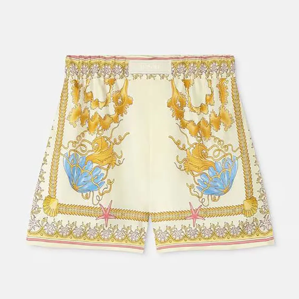 Front view of Versace Women Underwater Barocco Silk Shorts-Yellow