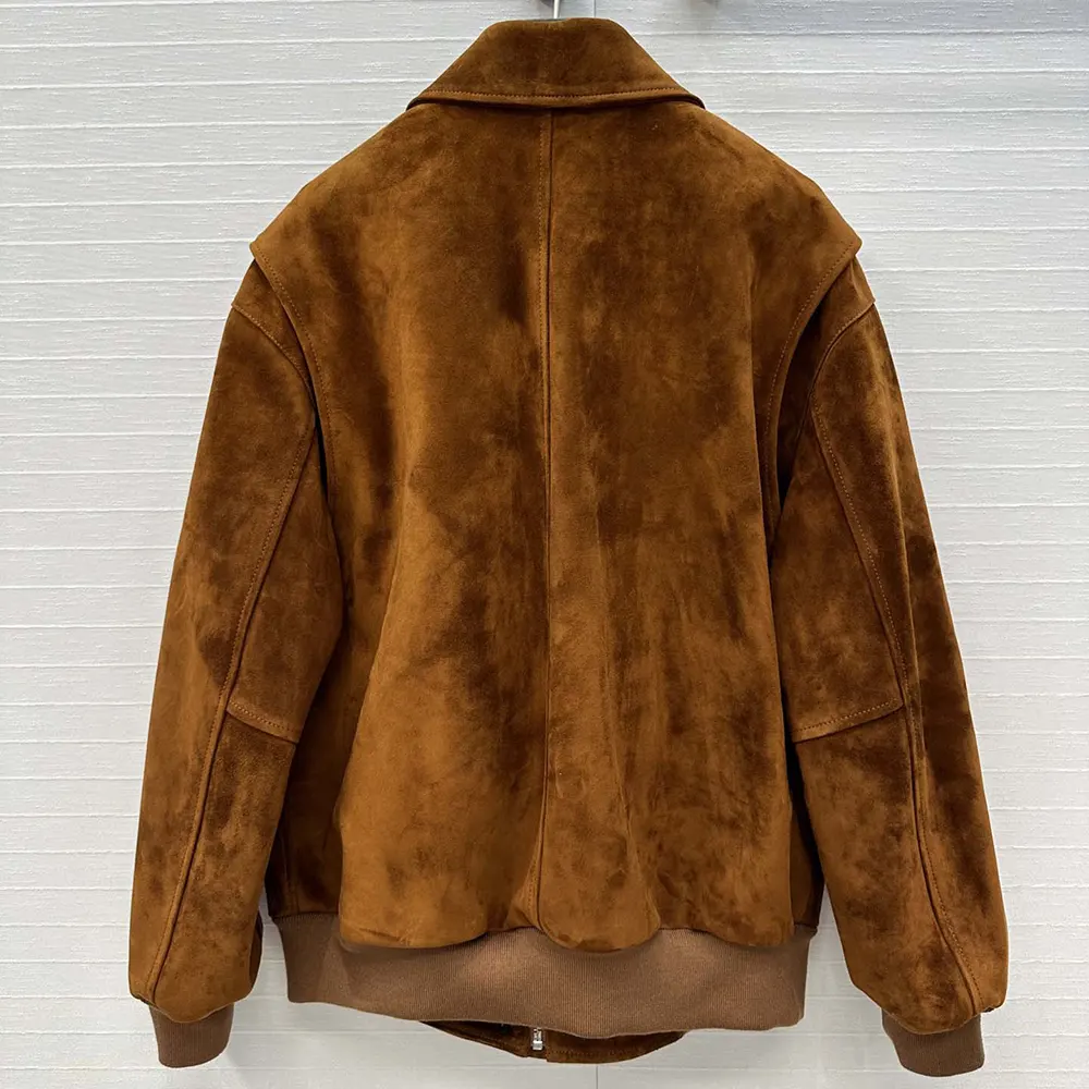 Side angle showcasing silhouette of Miu Miu Women Suede Blouson Jacket